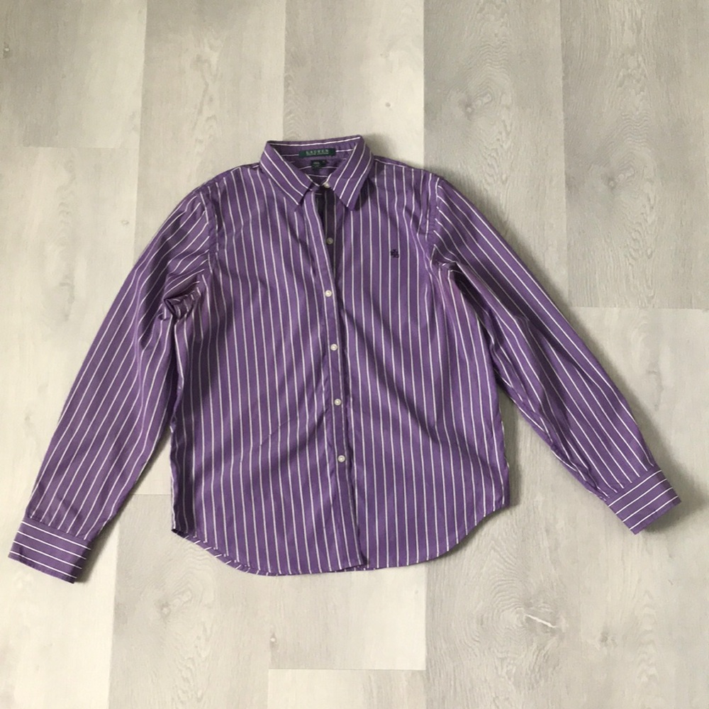 RALPH LAUREN POPLIN SHIRT PURPLE STRIPE LONG SLEEVE BUTTON COLLARED WOMENS M